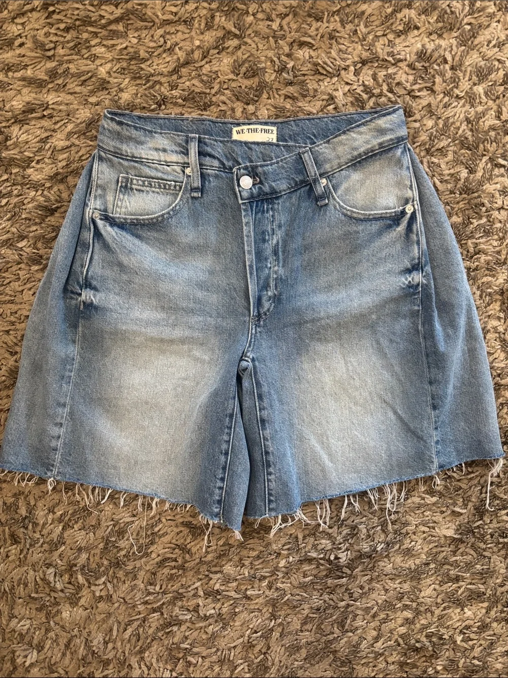 We The Free Boomerang High Rise Long Short Light Wash Frayed Denim Cutoff Shorts